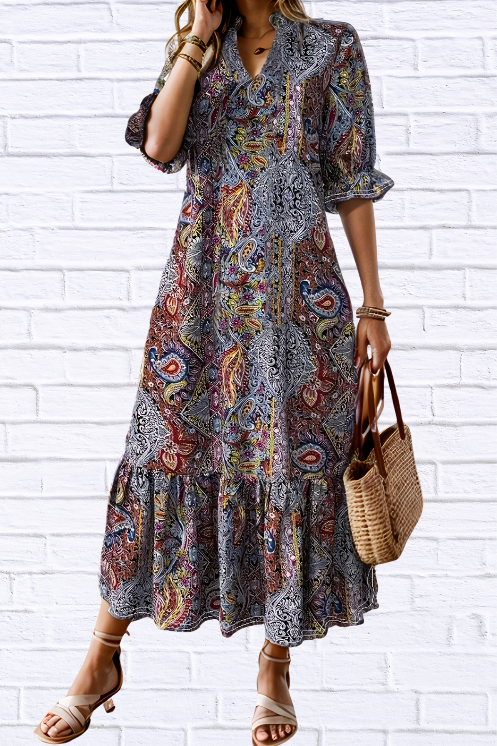 Bohemian Paisley Print Ruffle Hem Midi Dress