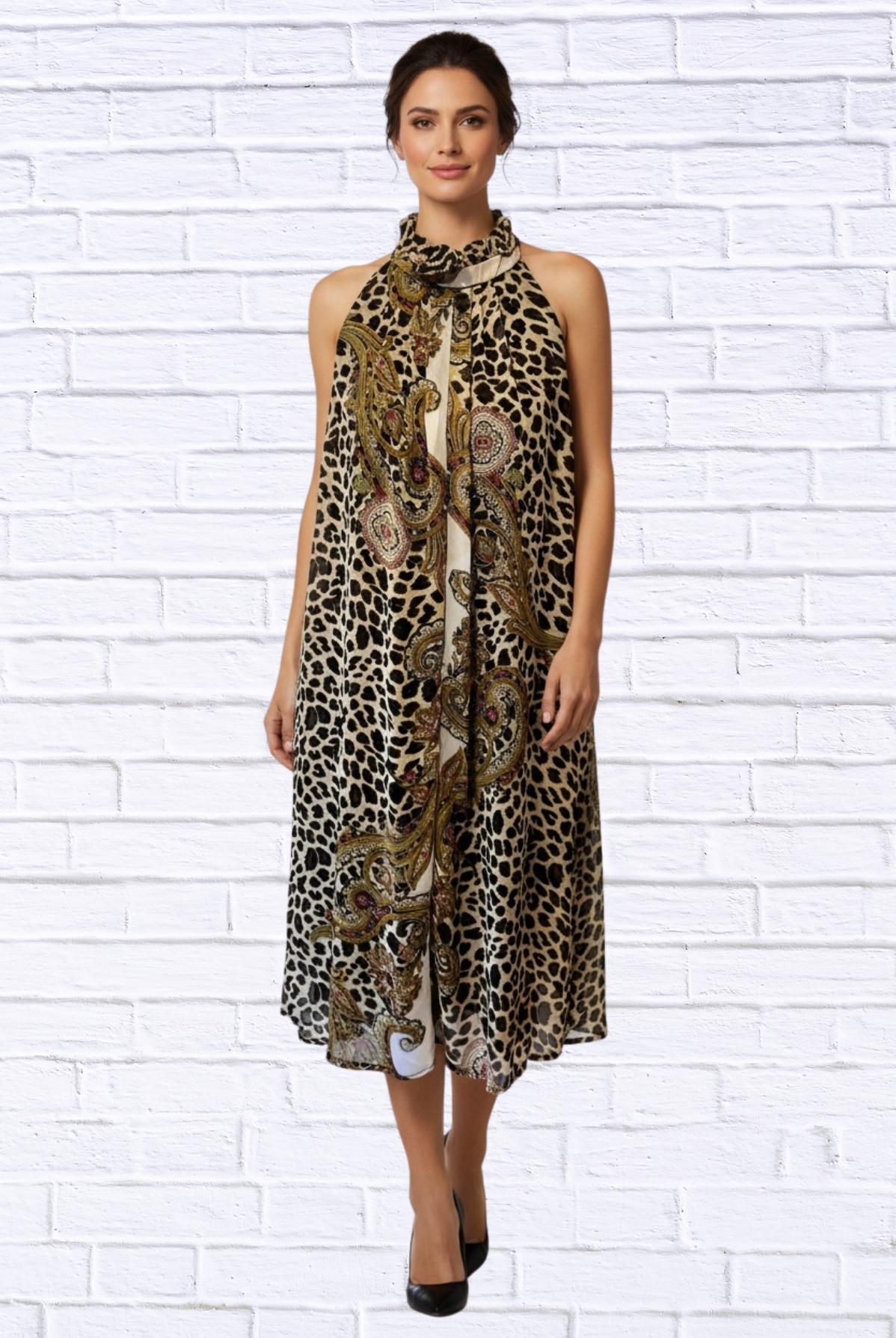 Animal and Paisley Print Sleeveless Maxi Dress – High Neck Bow Detail Flowy Woven Dress