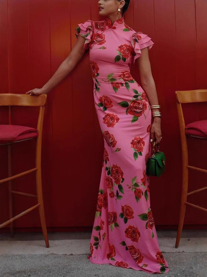 Cheongsam Style Rose Floral Print Tiered Flare Sleeve Stretch Maxi Dress