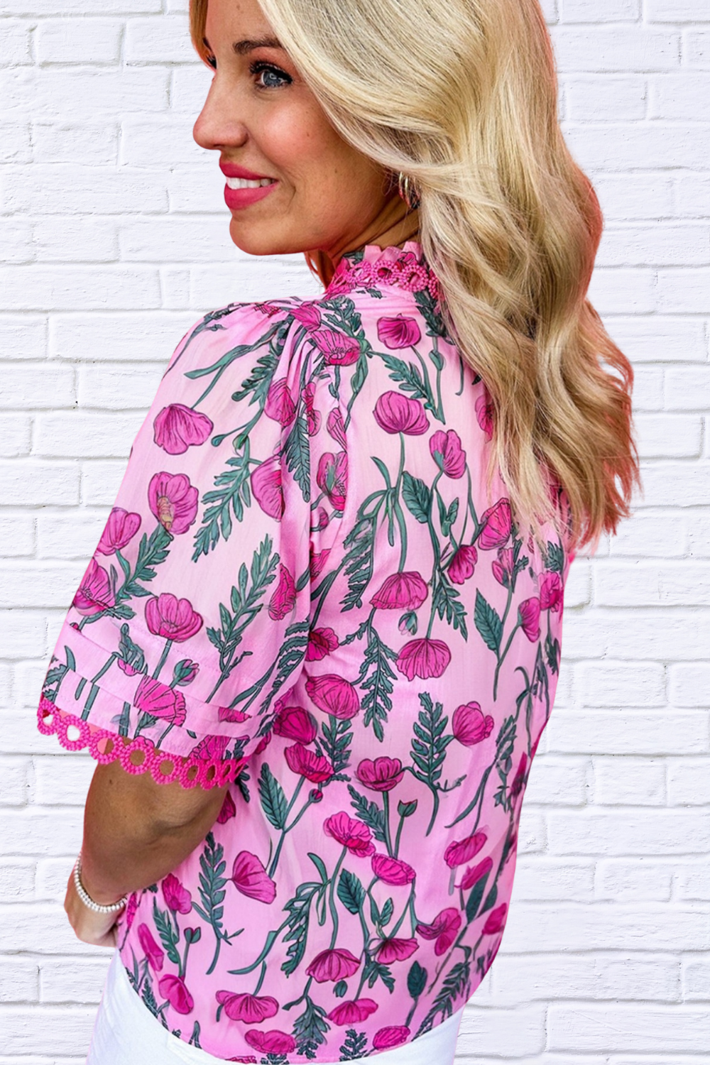 Floral Notched Short Sleeve Blouse – Pink Bloom