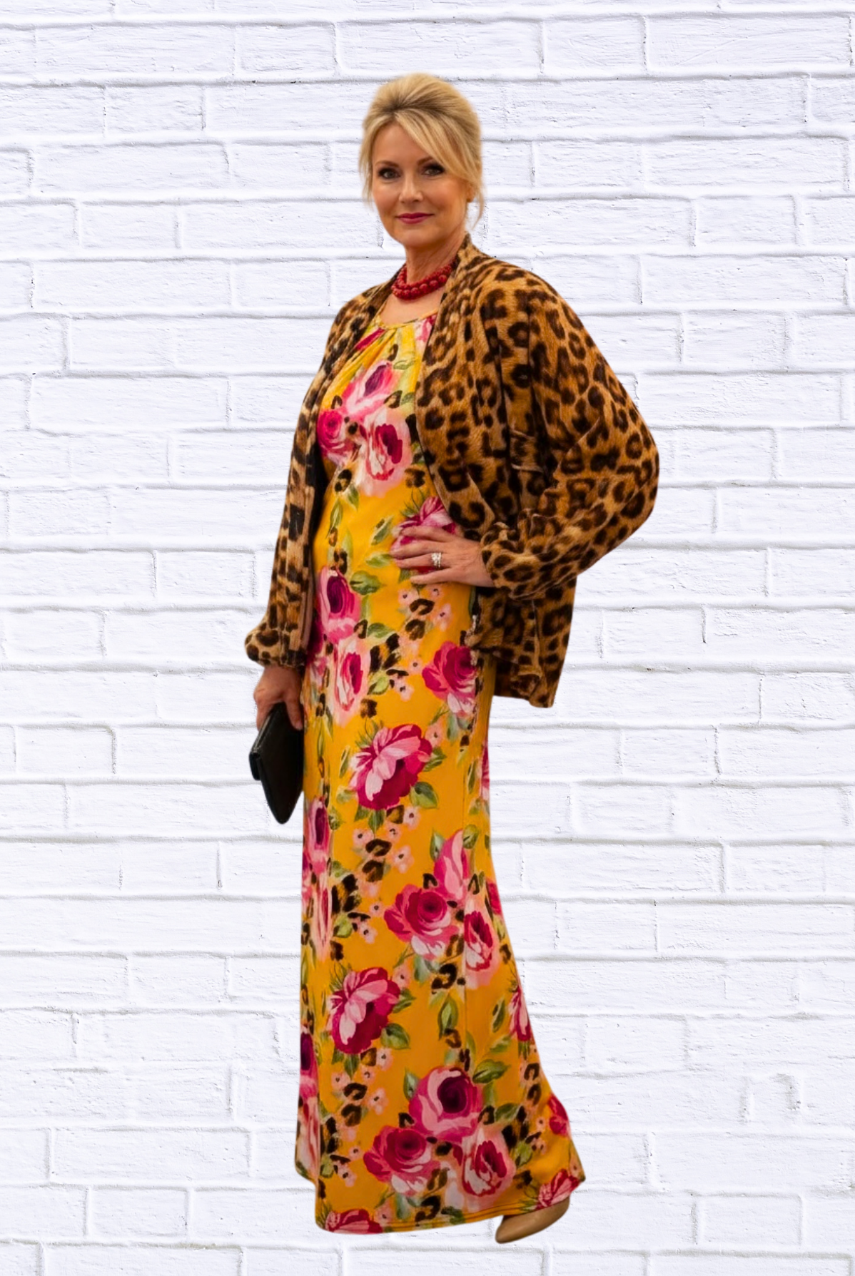 Demi Column Maxi Dress - Tangerine/Cerise Pink / Animal Combo