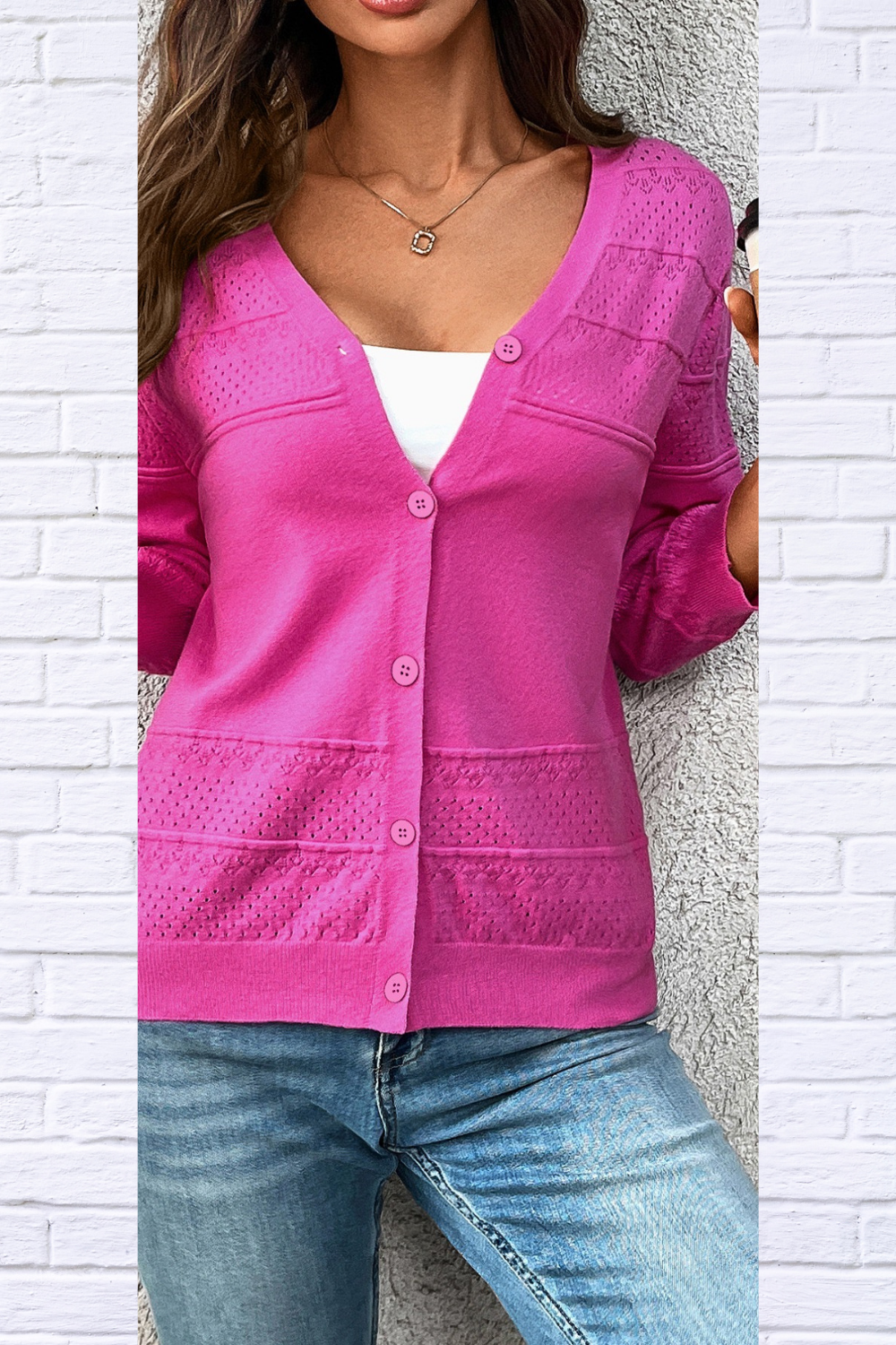 Textured Button-Front Cardigan with 3/4 Sleeves