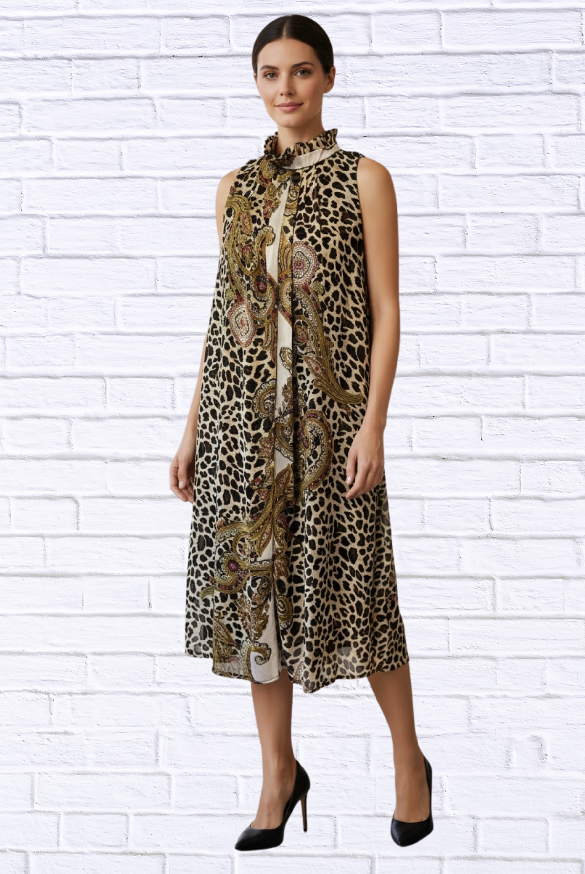 Animal and Paisley Print Sleeveless Maxi Dress – High Neck Bow Detail Flowy Woven Dress