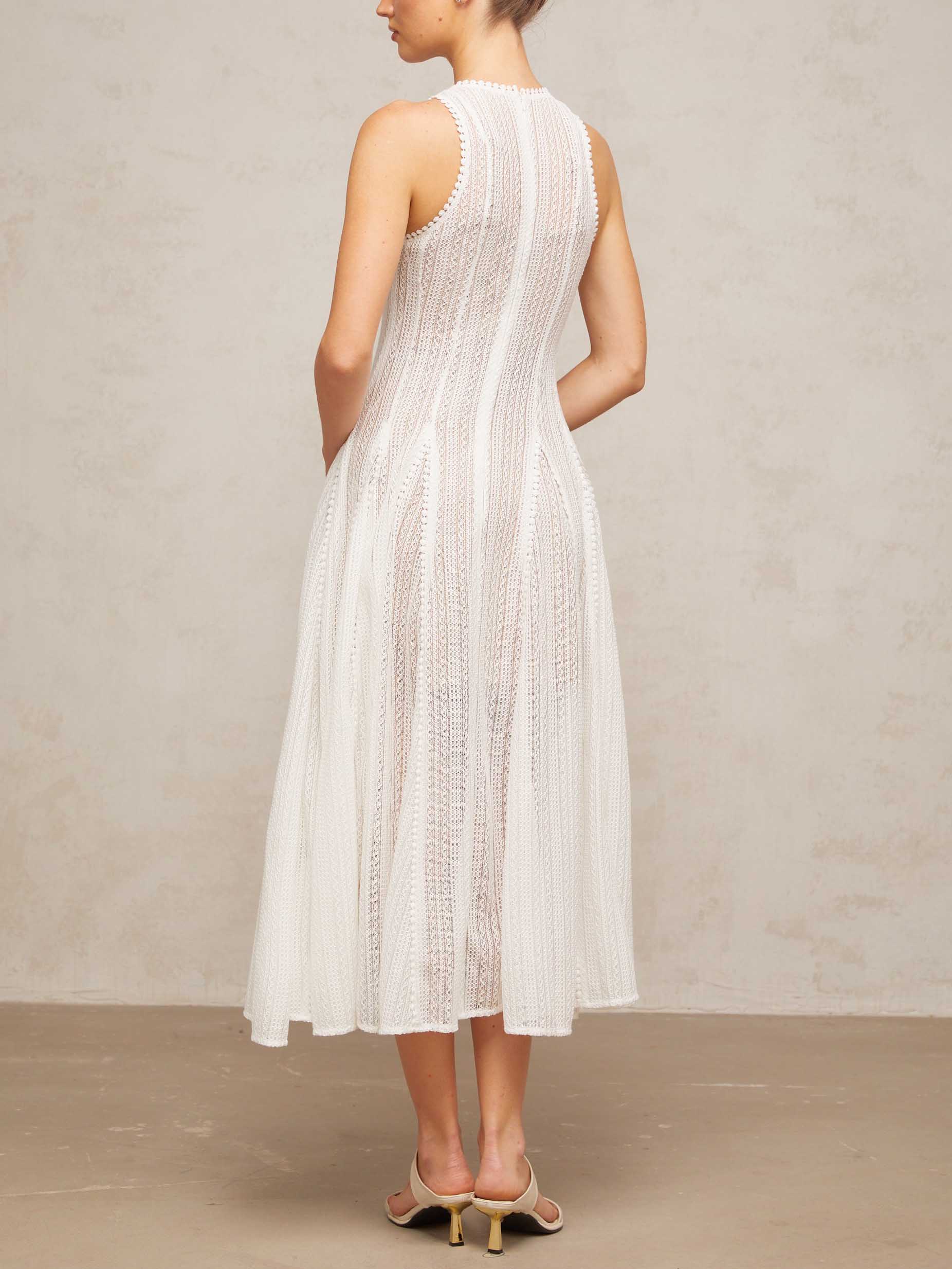 Elegant Hollow Lace Slim Sleeveless Swing Midi Dress