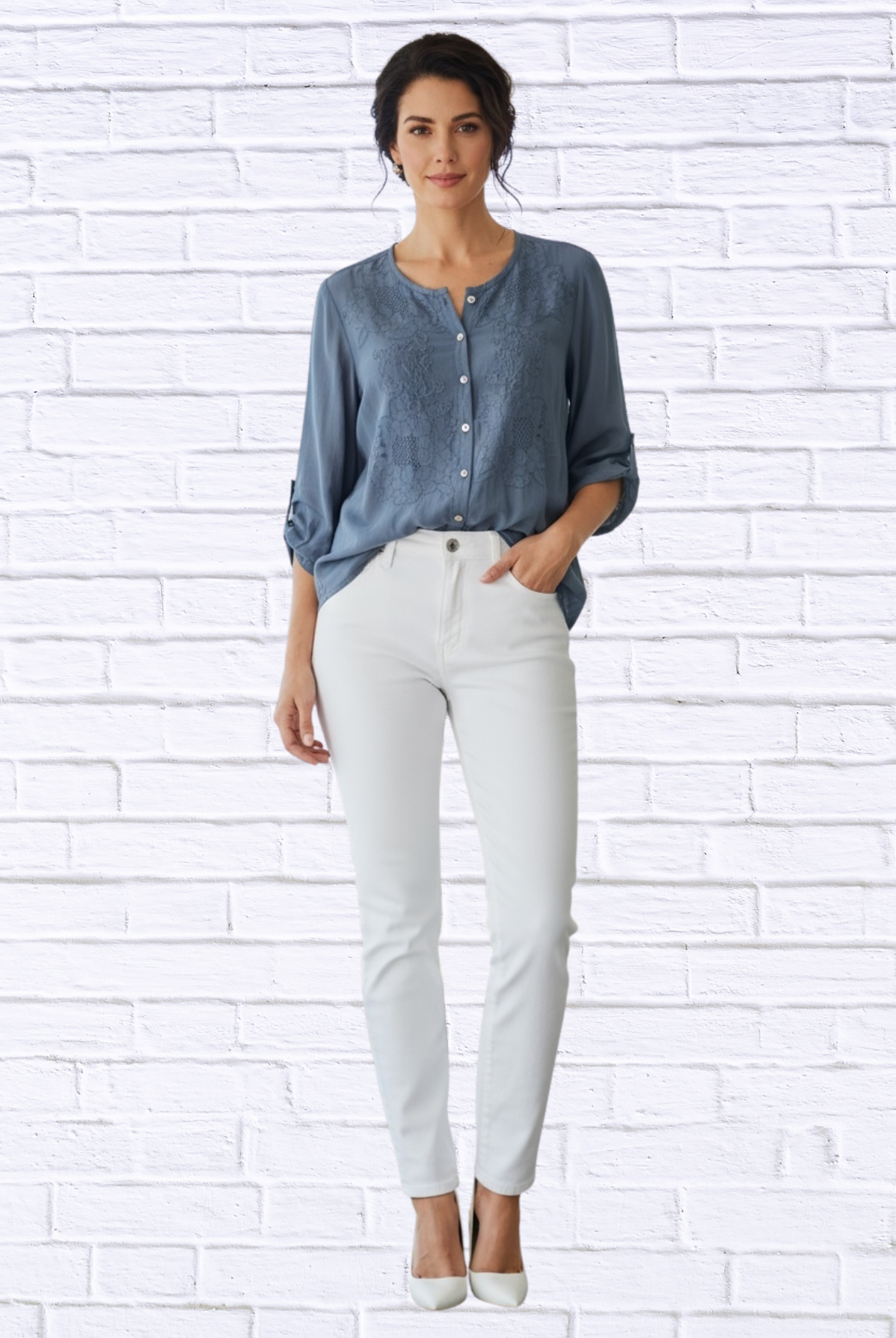 Silk-Lined Embroidered Button-Up Blouse – 3/4 Sleeve Round Neck Elegant Top