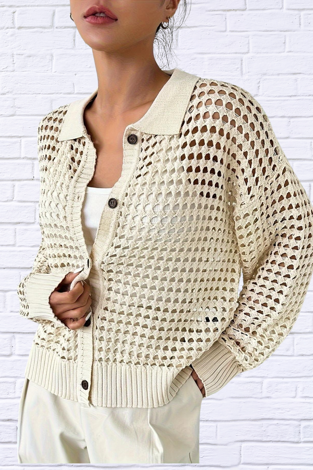 Hollow Out Knit Button Front Cardigan