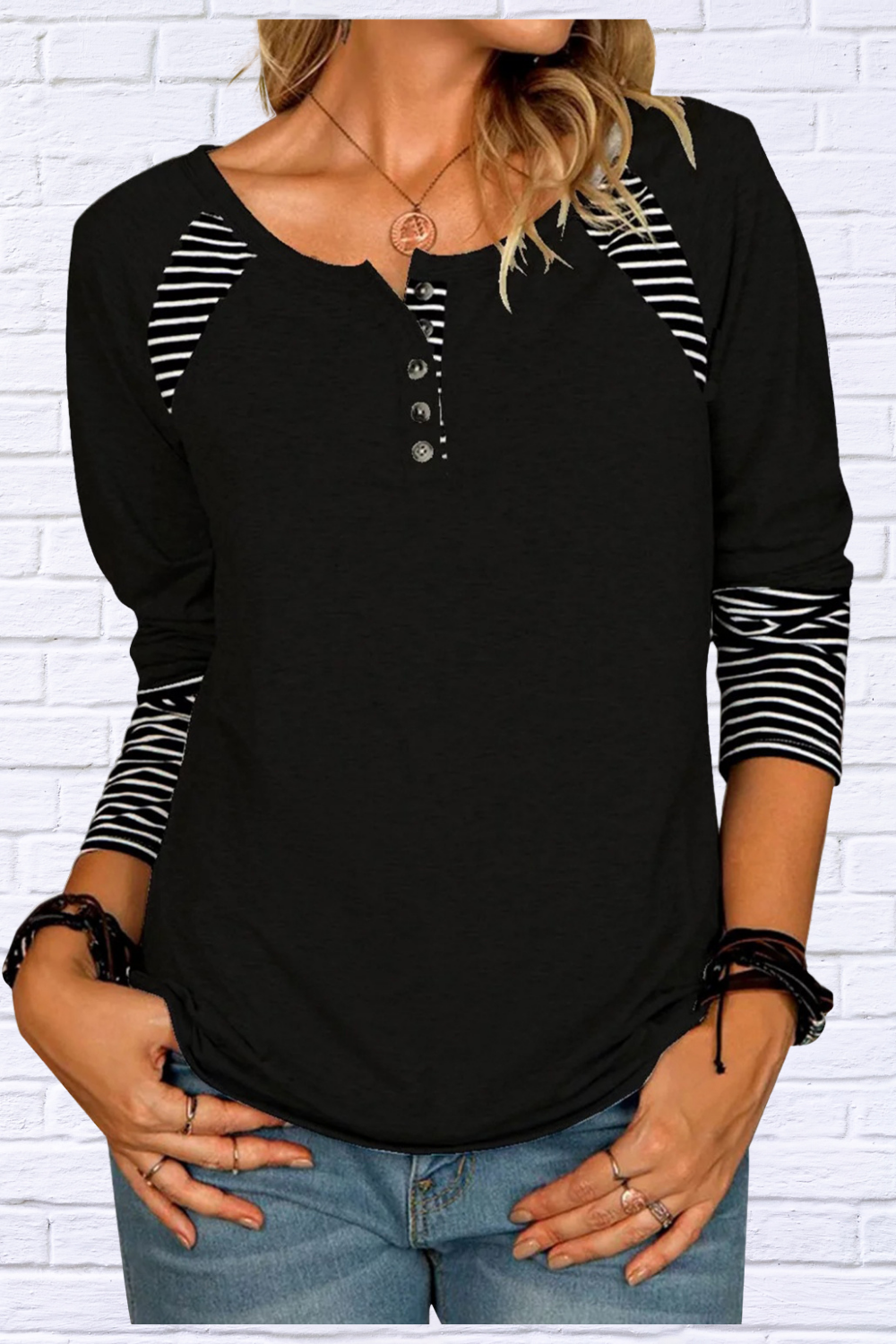 Full Size Striped Quarter Button Long Sleeve T-Shirt