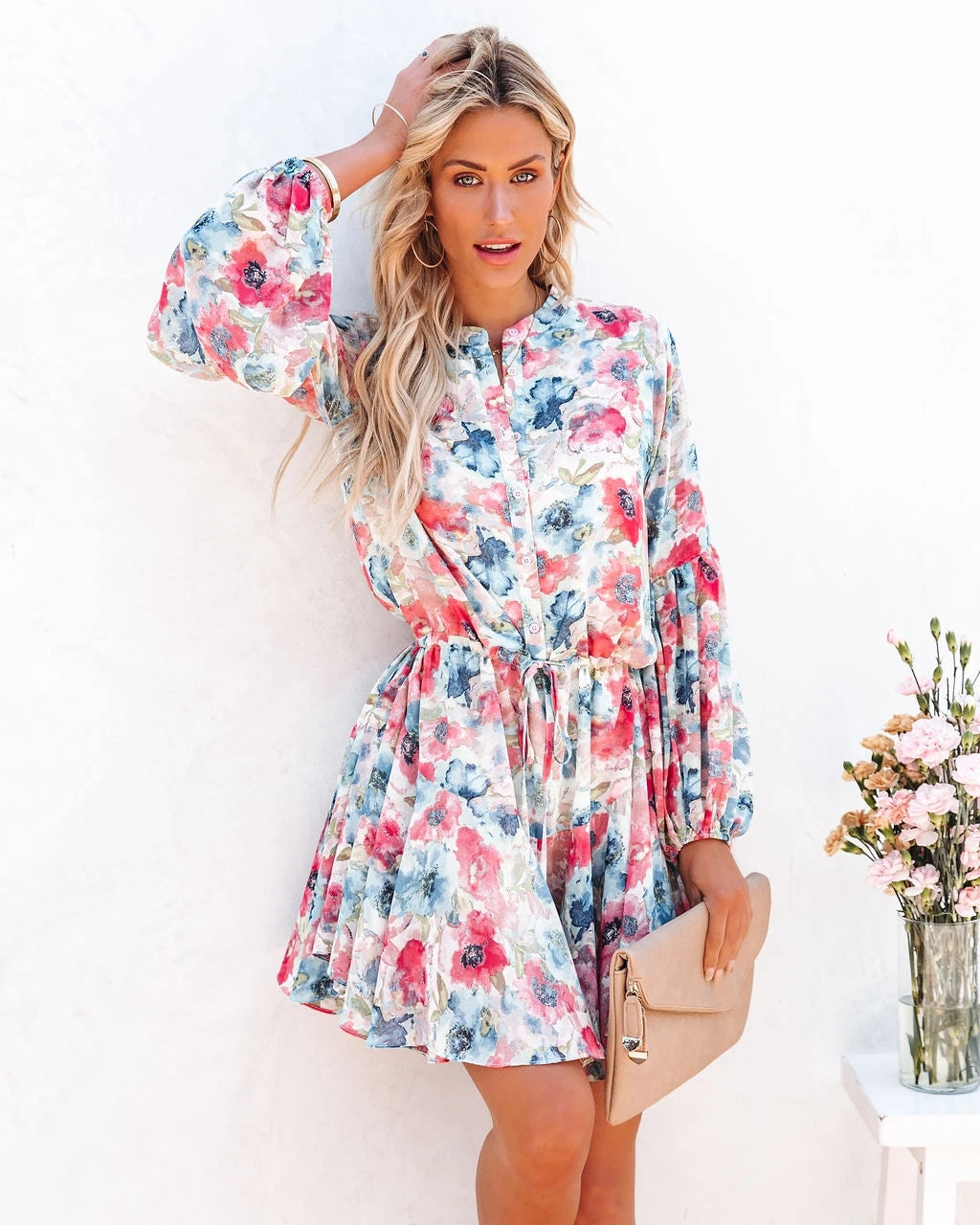 Printed Lantern Sleeve Long Sleeve Dress