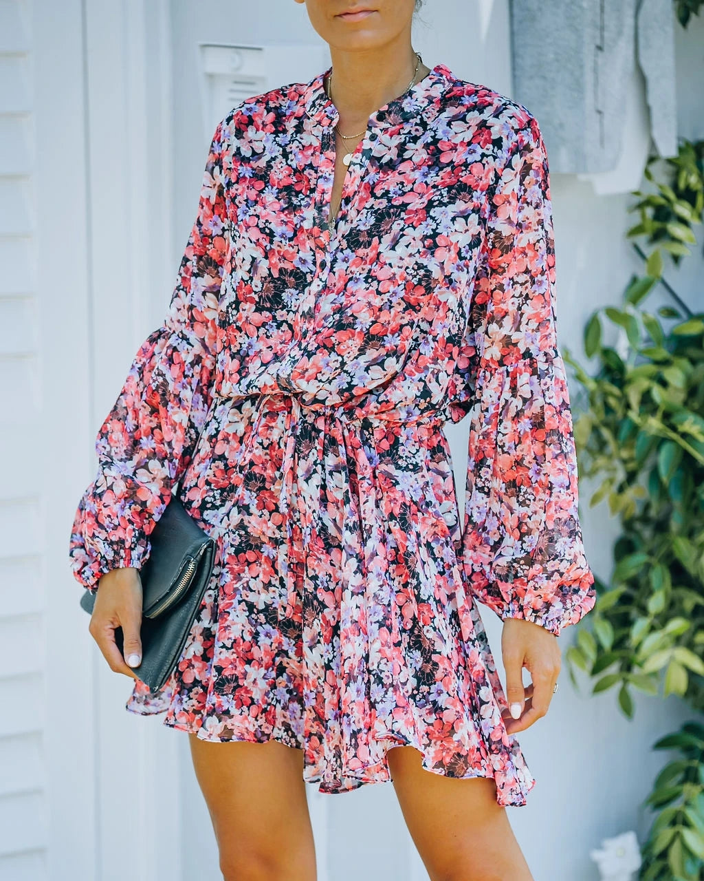 Printed Lantern Sleeve Long Sleeve Dress