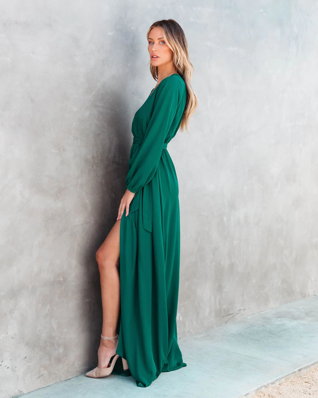 Solid V Neck Long Sleeve Maxi Dress
