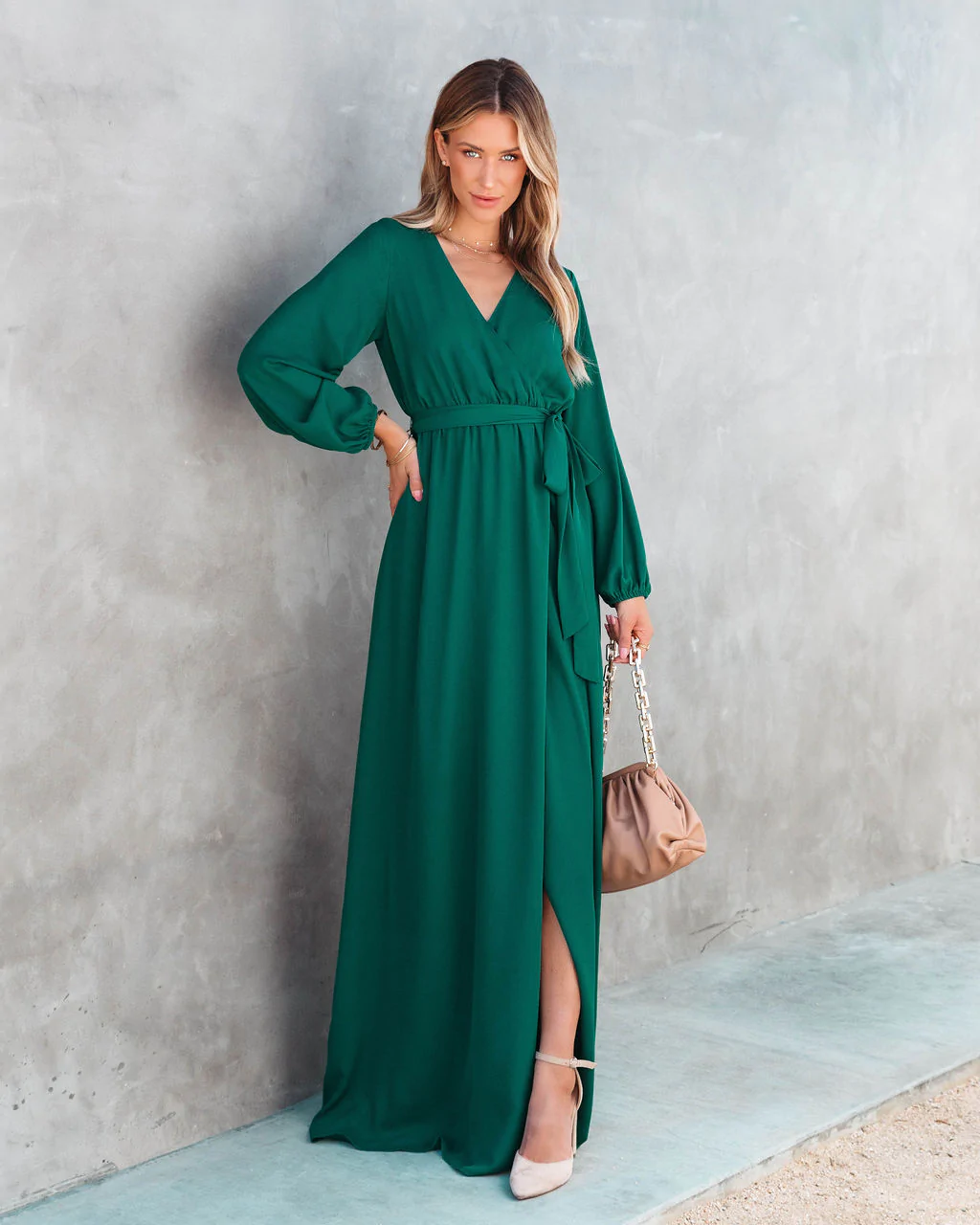Solid V Neck Long Sleeve Maxi Dress