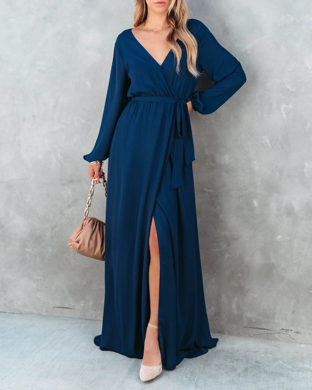 Solid V Neck Long Sleeve Maxi Dress