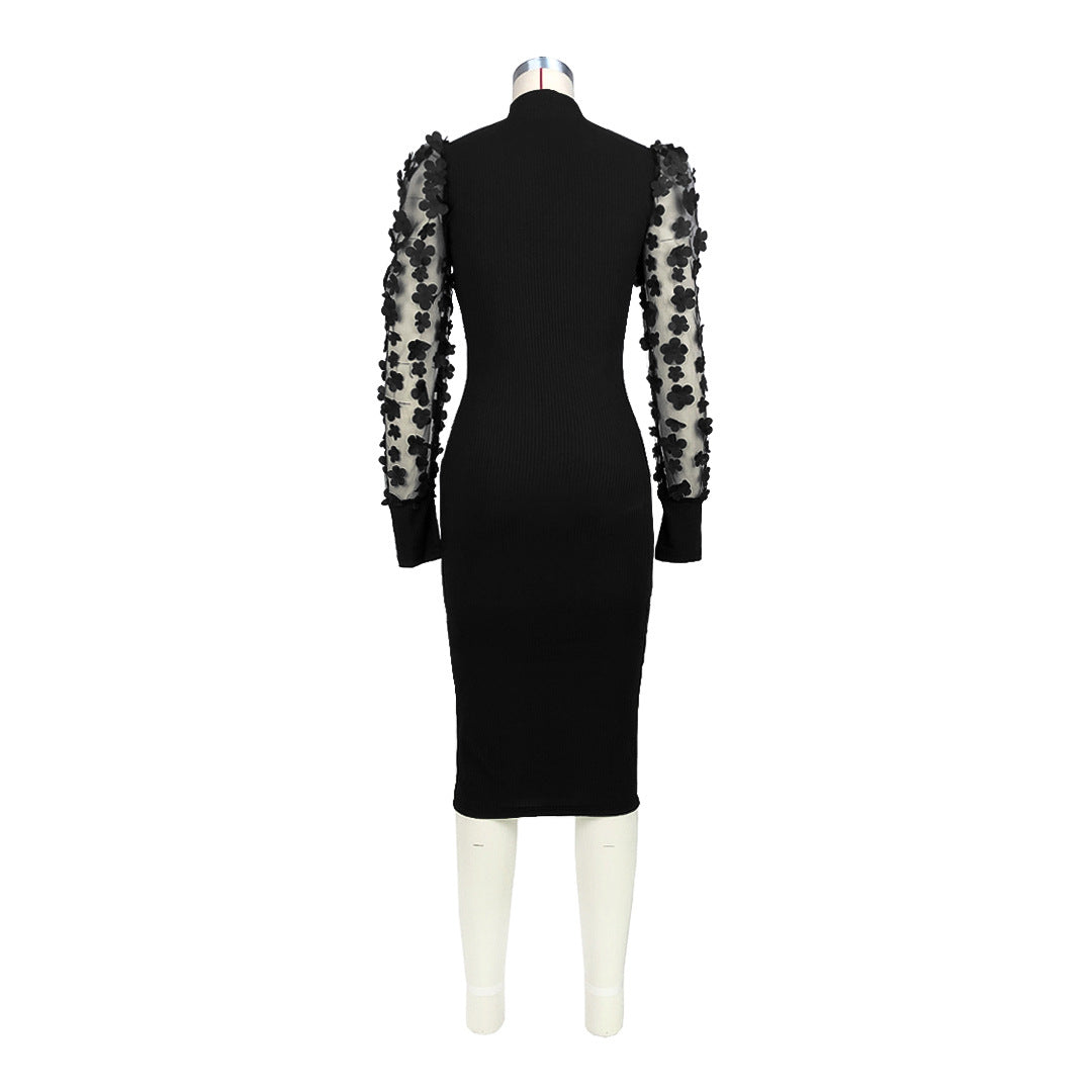 Mesh Sleeves High ollar Dress