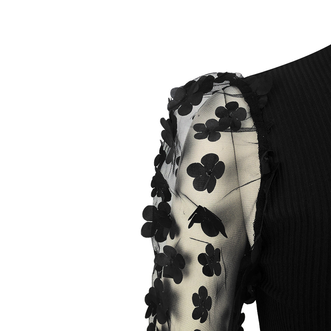 Mesh Sleeves High ollar Dress