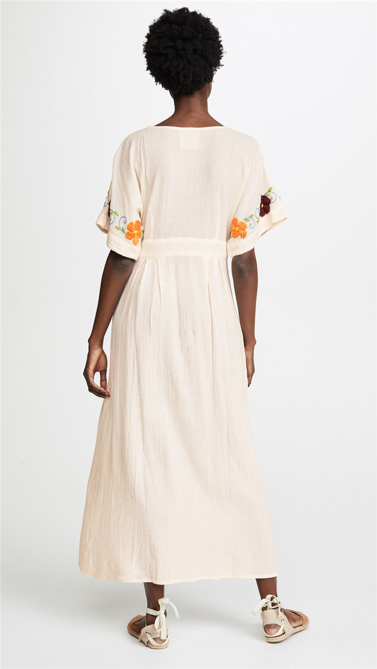 V Neck Embroidered Kaftan Dress