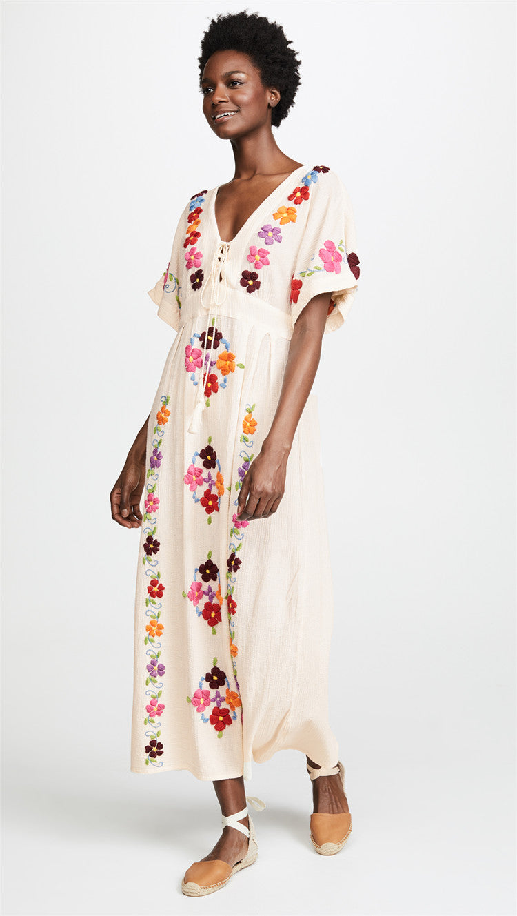 V Neck Embroidered Kaftan Dress