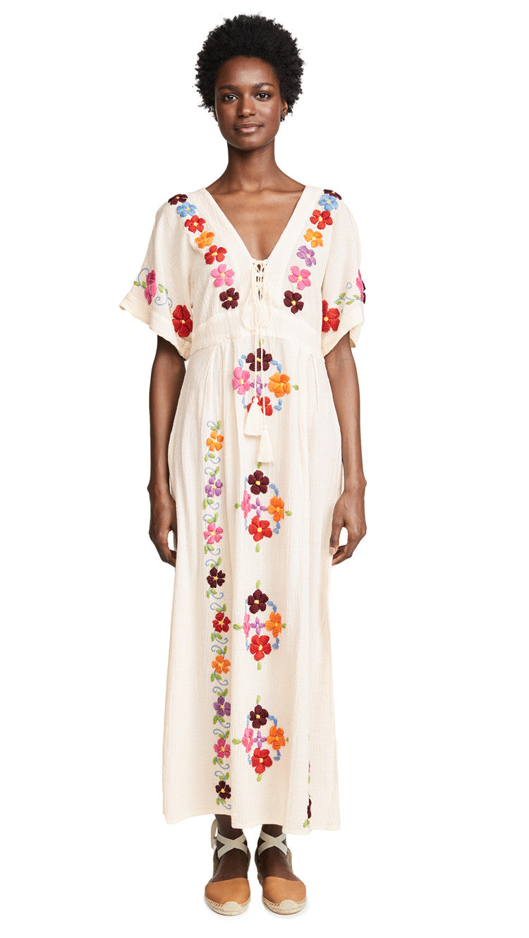 V Neck Embroidered Kaftan Dress