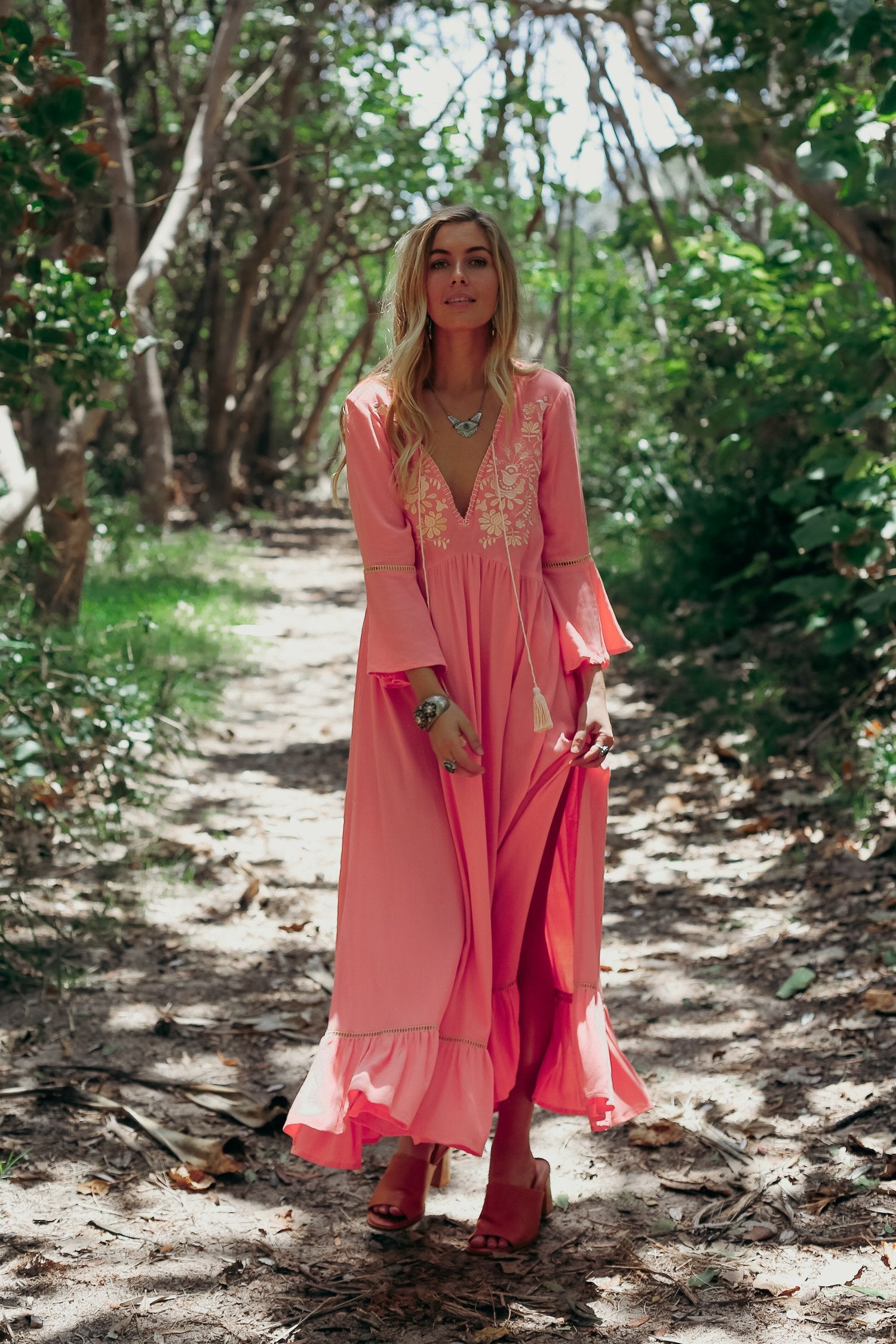Bohemian Embroidered Solid Color Slit Tunic Dress