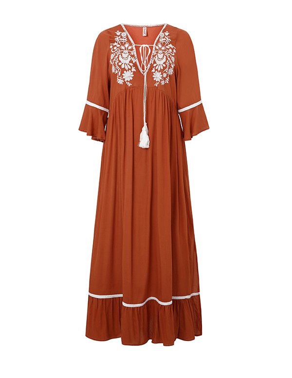 Bohemian Embroidered Solid Color Slit Tunic Dress