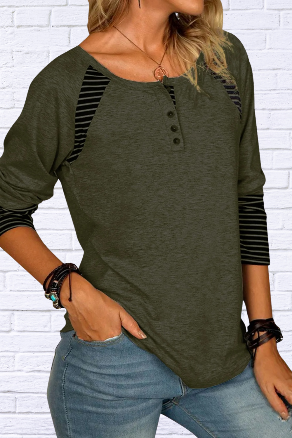 Full Size Striped Quarter Button Long Sleeve T-Shirt