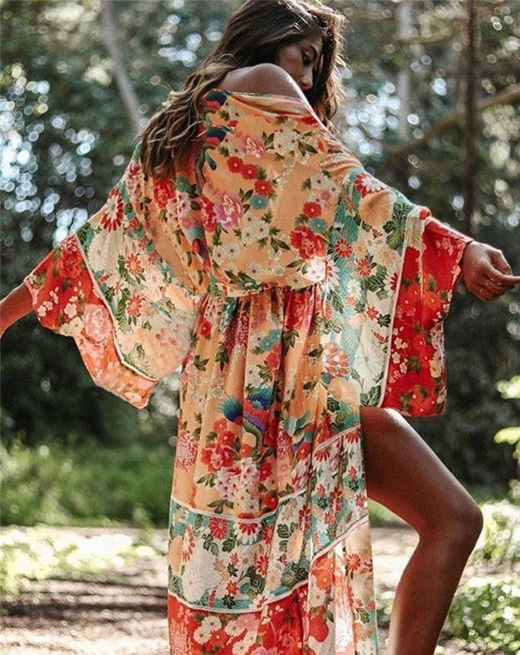 Chiffon Printed Loose Oversized Cardigan Beach Dress Bikini Cover Vacation Dress Sun Protection Shirt