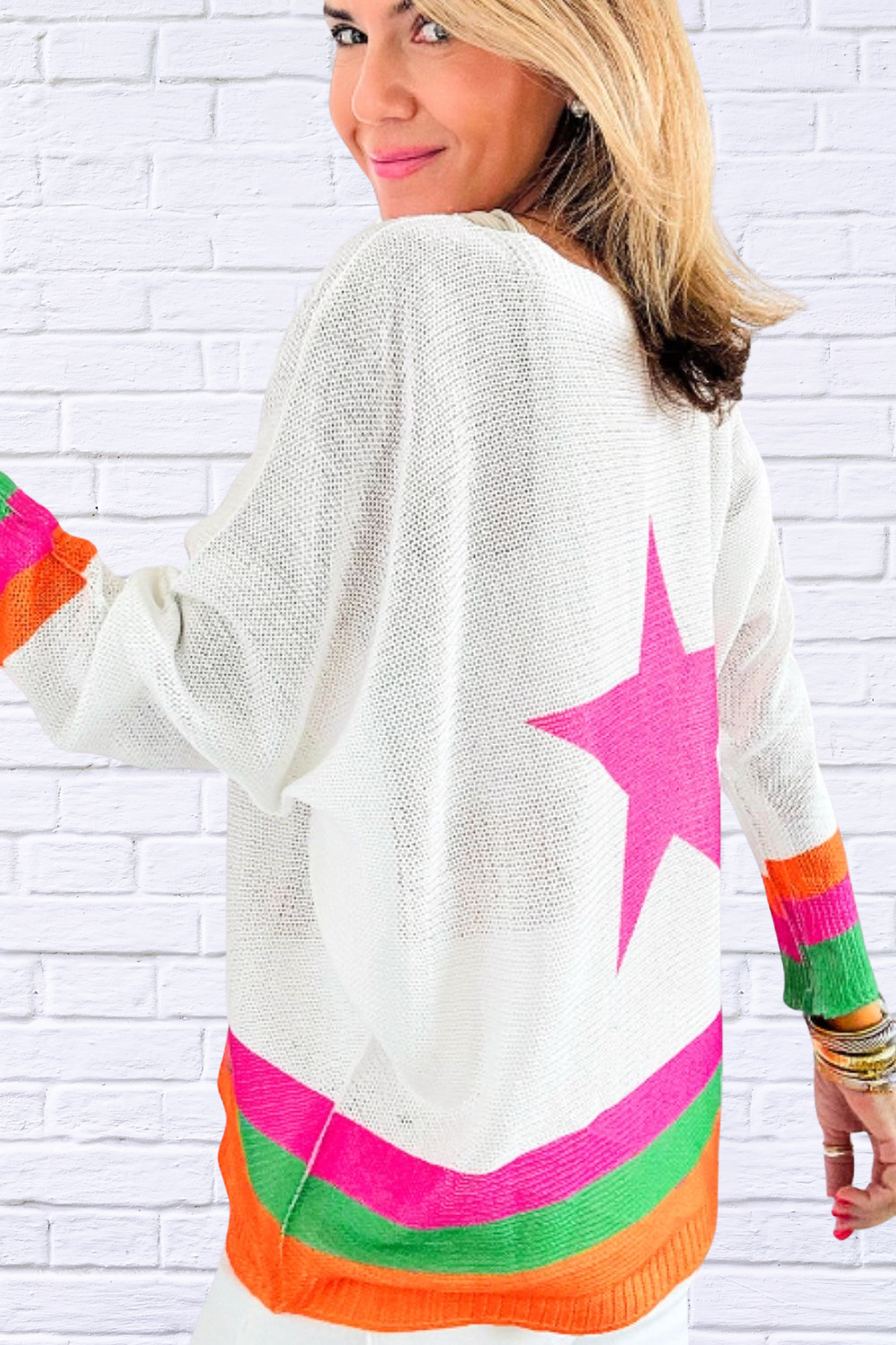 Bright Star Contrast Round Neck Long Sleeve Knit Top