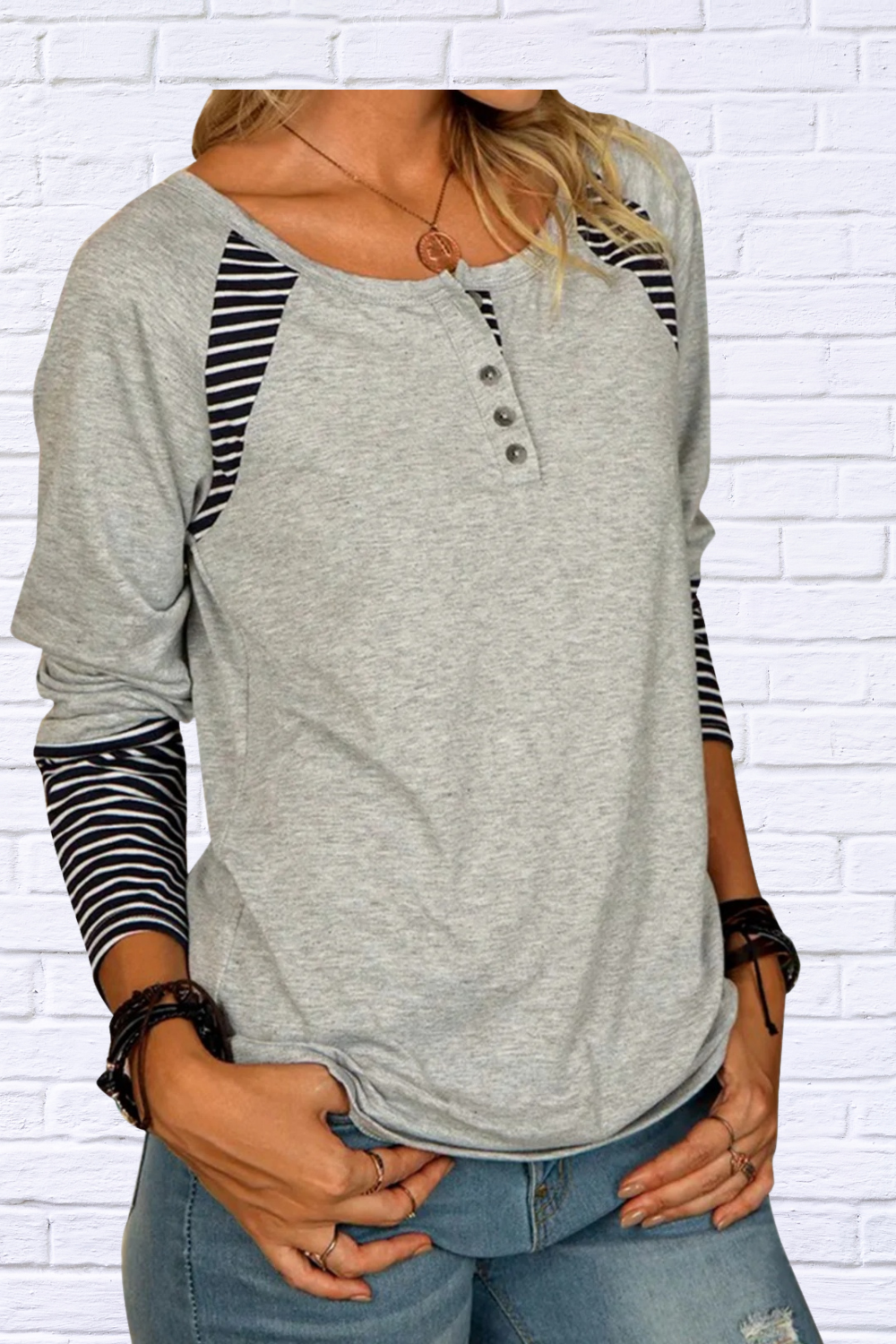 Full Size Striped Quarter Button Long Sleeve T-Shirt