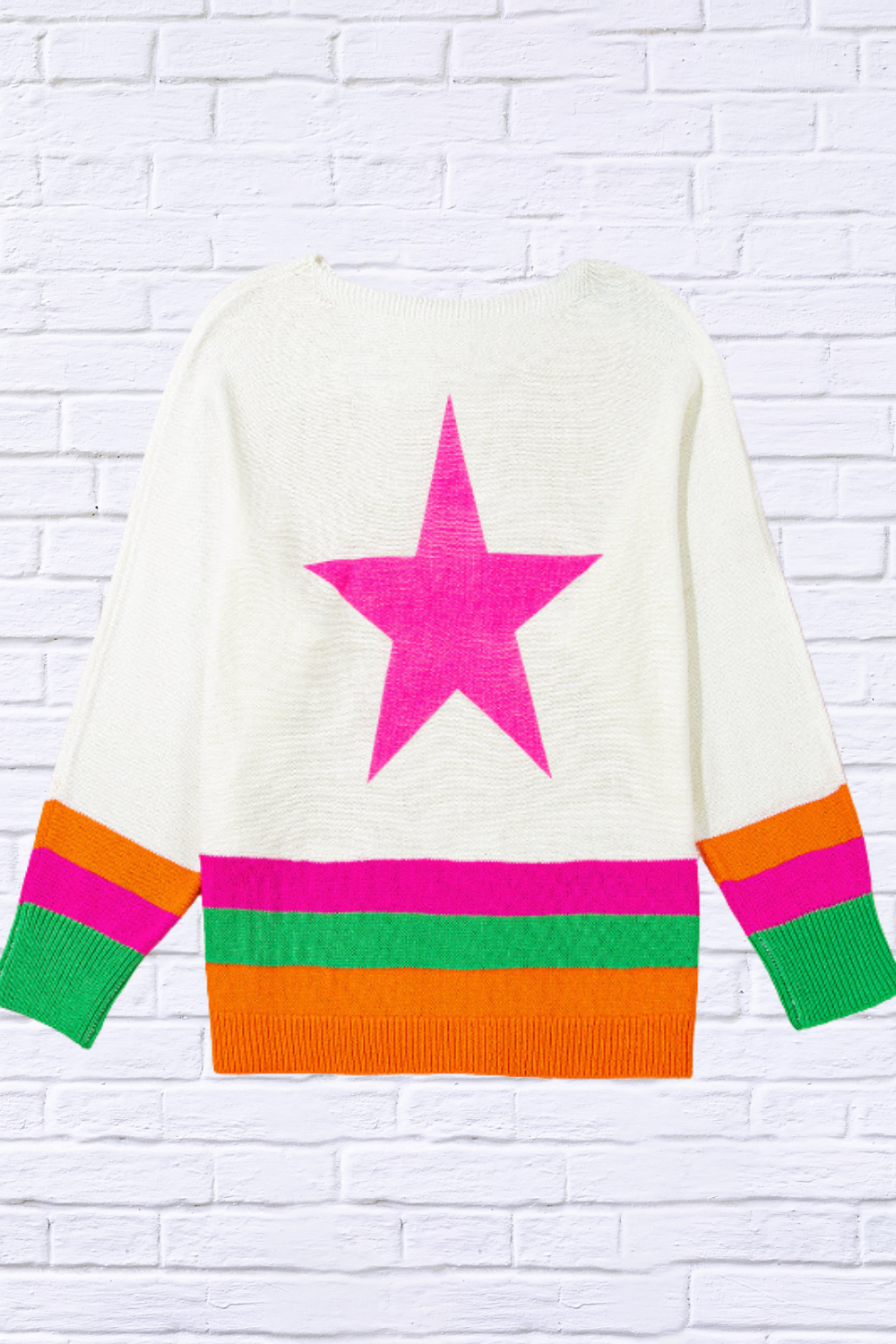 Bright Star Contrast Round Neck Long Sleeve Knit Top