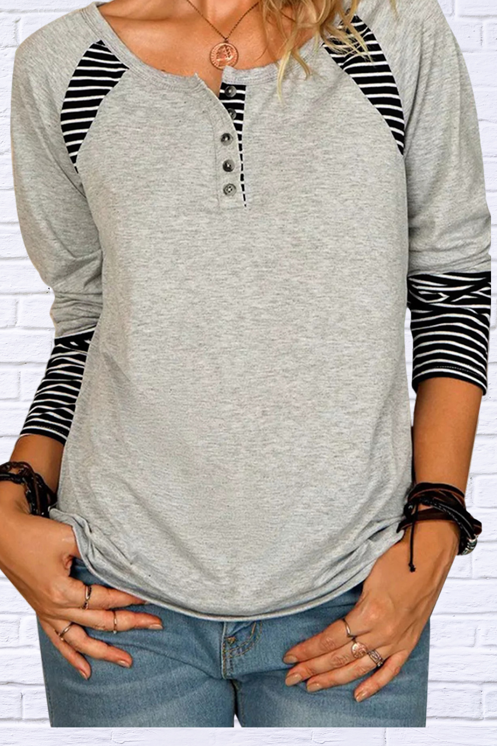 Full Size Striped Quarter Button Long Sleeve T-Shirt