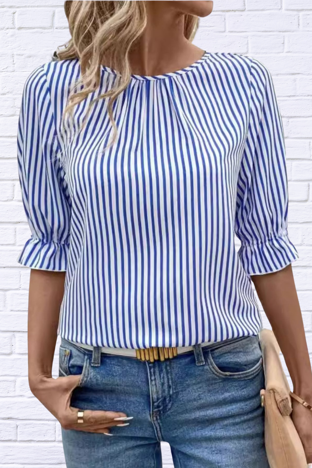 Striped Round Neck Half Sleeve Casual Blouse