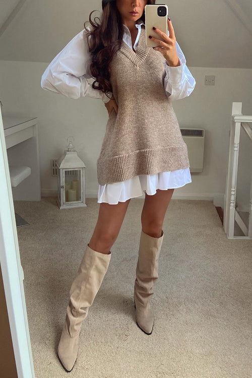 V Neck Side Split Trendy Sweater Vest Khaki S M