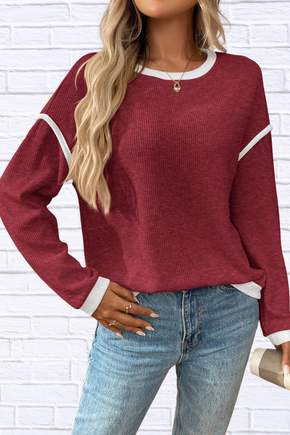 Ribbed Contrast Trim Long Sleeve Top