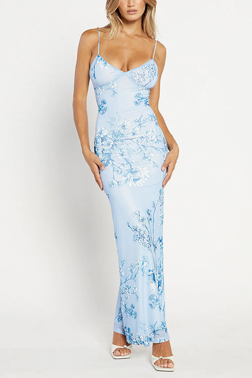 Spaghetti Strap V Neck Floral Print Bodycon Maxi Dress
