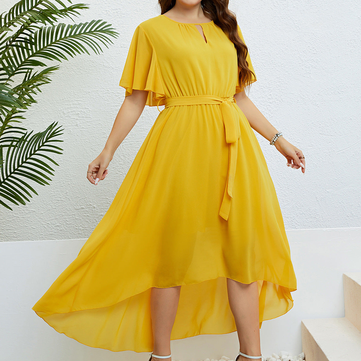 Christy Yellow V neck Lace up Dress