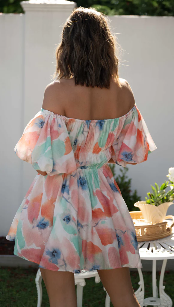 Vacation Tie Dye Printed Off Shoulder Dress
