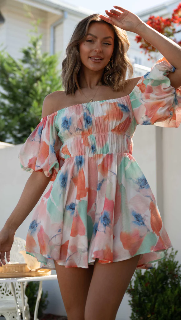 Vacation Tie Dye Printed Off Shoulder Dress