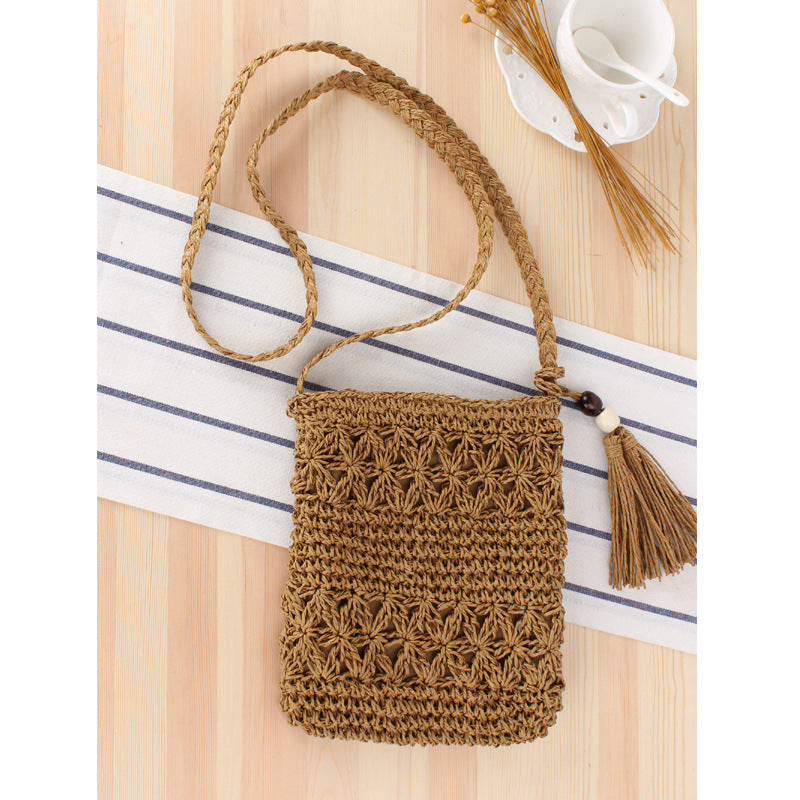 Simple Hollow Out Cutout Tassel Crossbody Crochet Cotton Bag