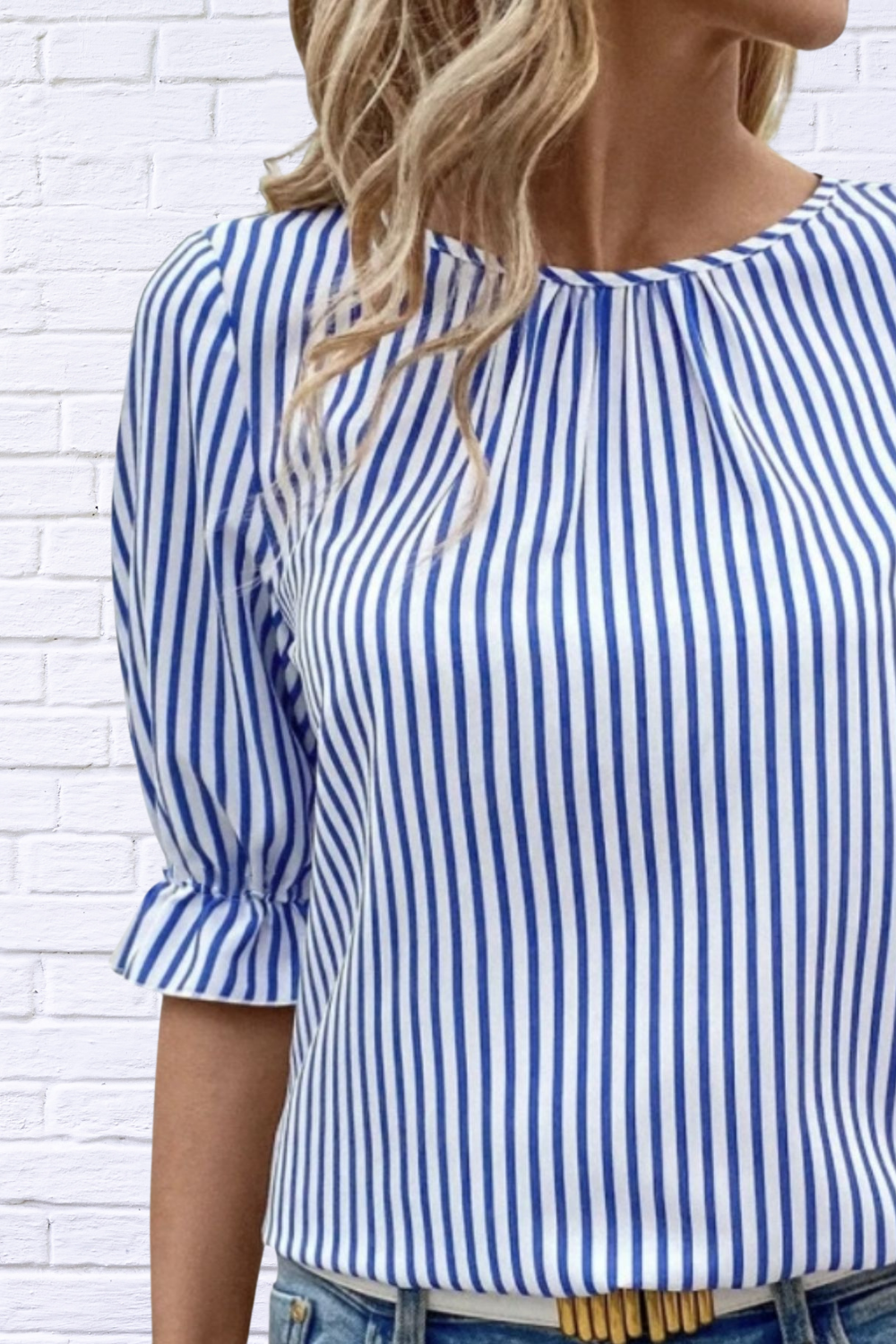 Striped Round Neck Half Sleeve Casual Blouse