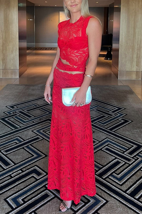 Sleeveless Cut Out Lace Top and Maxi Bodycon Skirt Set