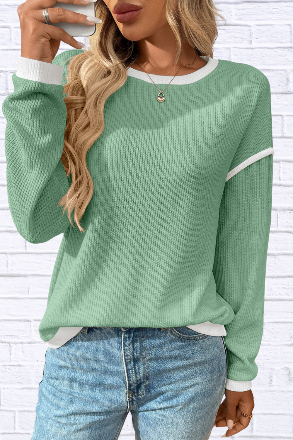 Ribbed Contrast Trim Long Sleeve Top