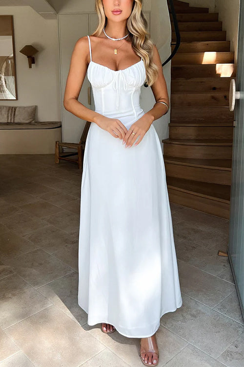 Spaghetti Strap Lace-up Ruched Corset Maxi Dress