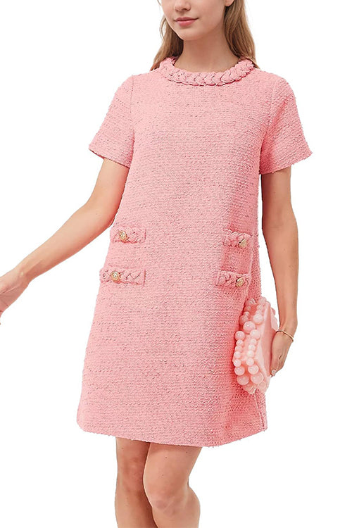 Elegant Crewneck Short Sleeves Buttons Tweed Dress