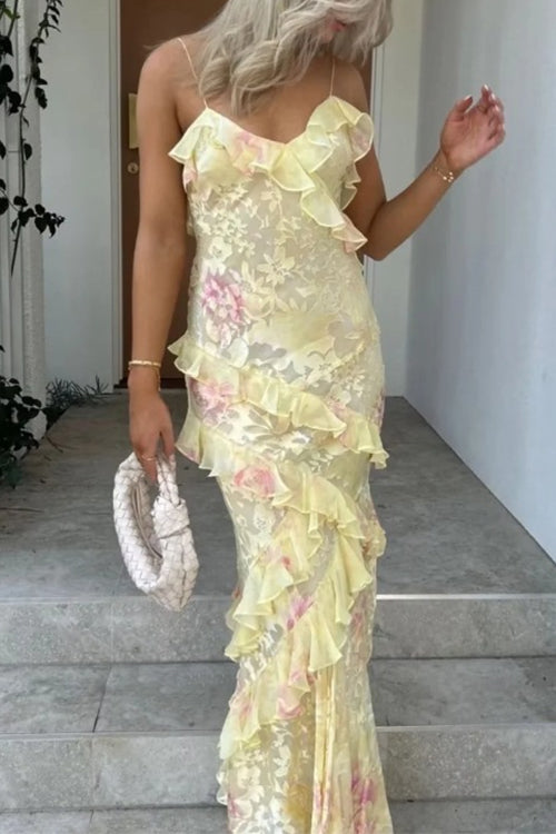 Spaghetti Strap Backless Ruffle Trim Printed Maxi Dress