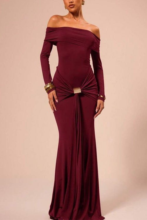 Off Shoulder Knot Front Bodycon Maxi Party Dress