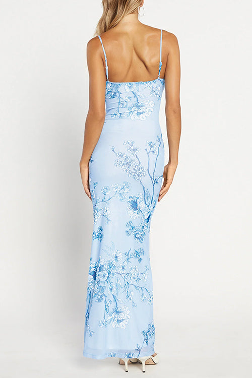 Spaghetti Strap V Neck Floral Print Bodycon Maxi Dress