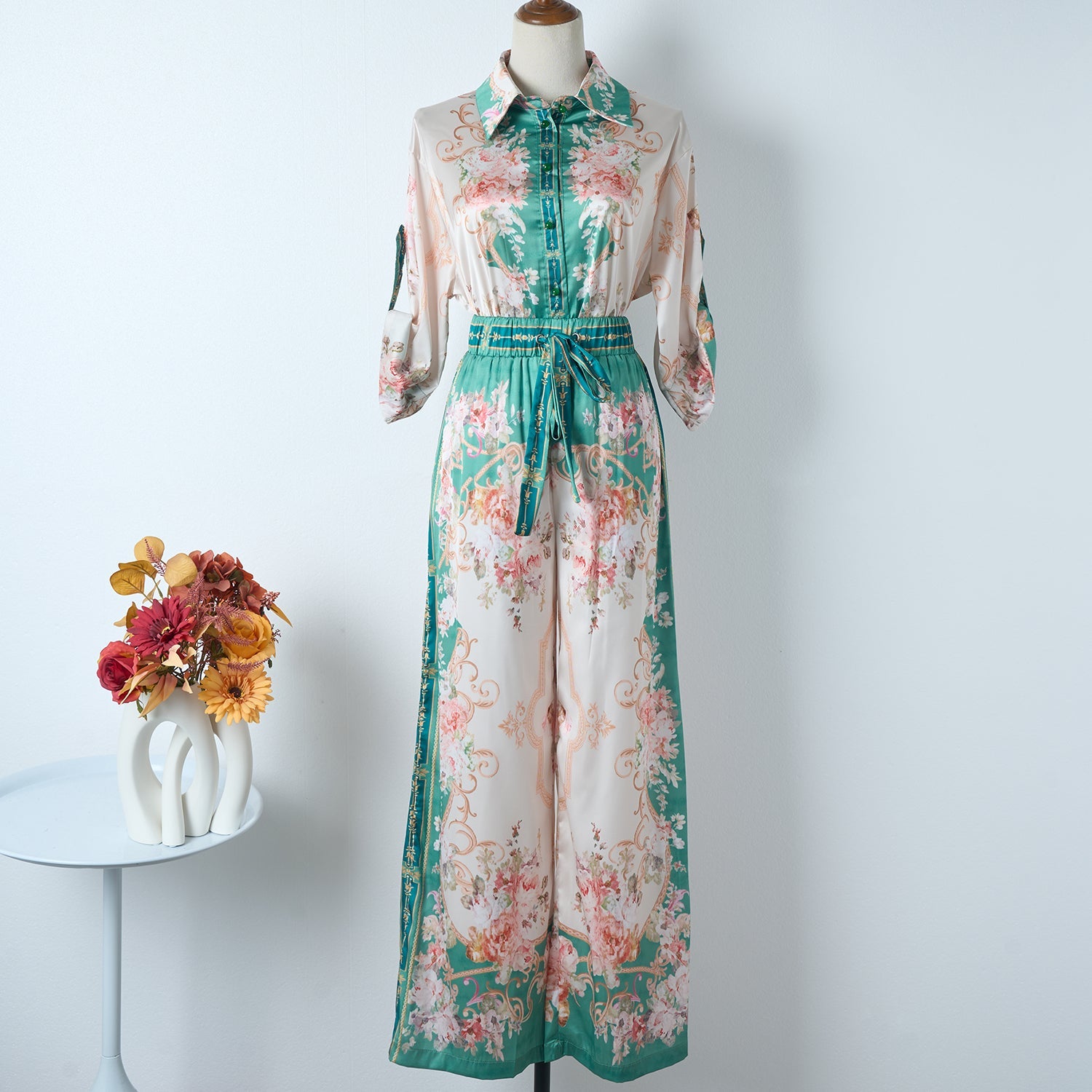 Green Vintage Print Two Piece Set