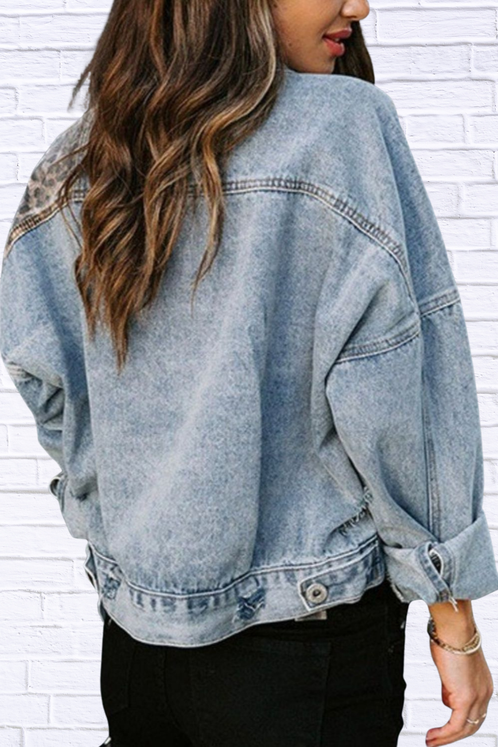 Distressed Leopard Drop Shoulder Denim Jacket