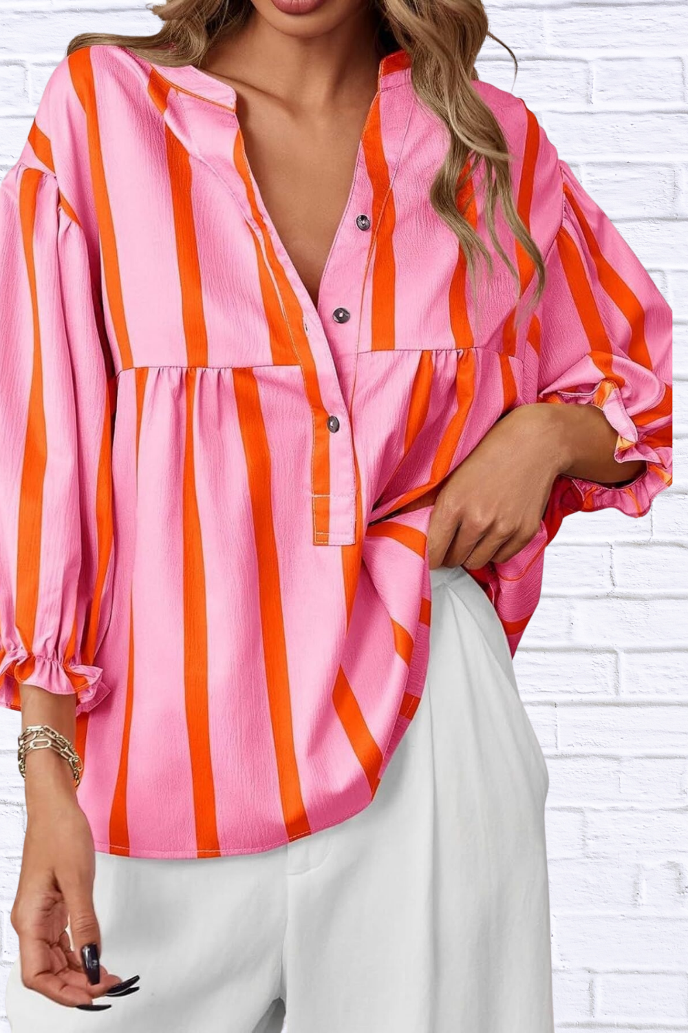 Striped Button Front Notched Blouse