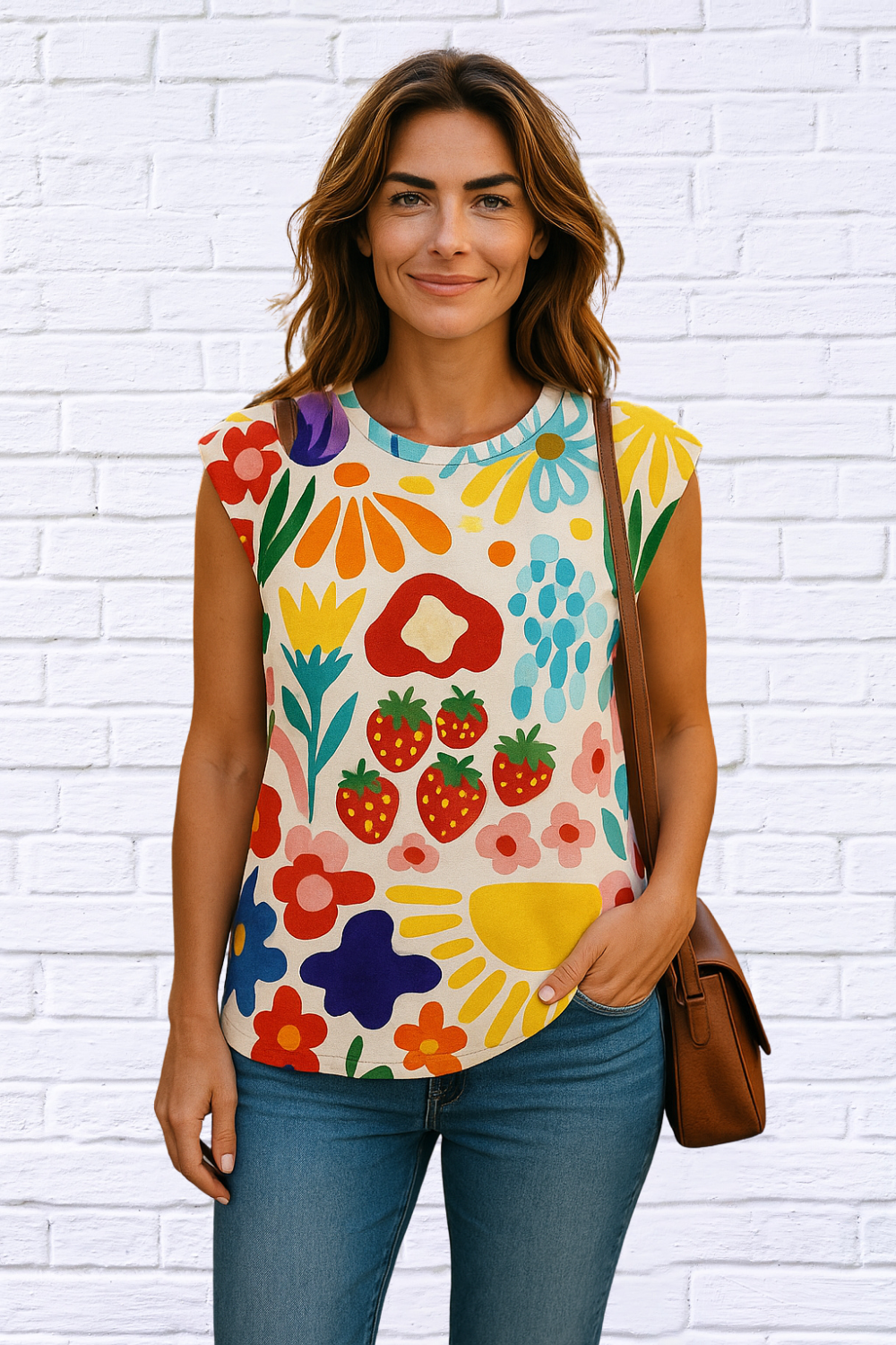 Jolene Printed Round Neck Cap Sleeve T-Shirt