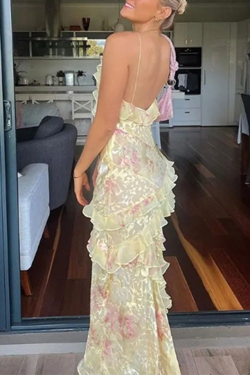 Spaghetti Strap Backless Ruffle Trim Printed Maxi Dress